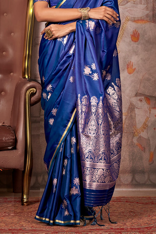 Load image into Gallery viewer, Desuetude Navy Blue Banarasi Satin Silk Saree With Fugacious Blouse
