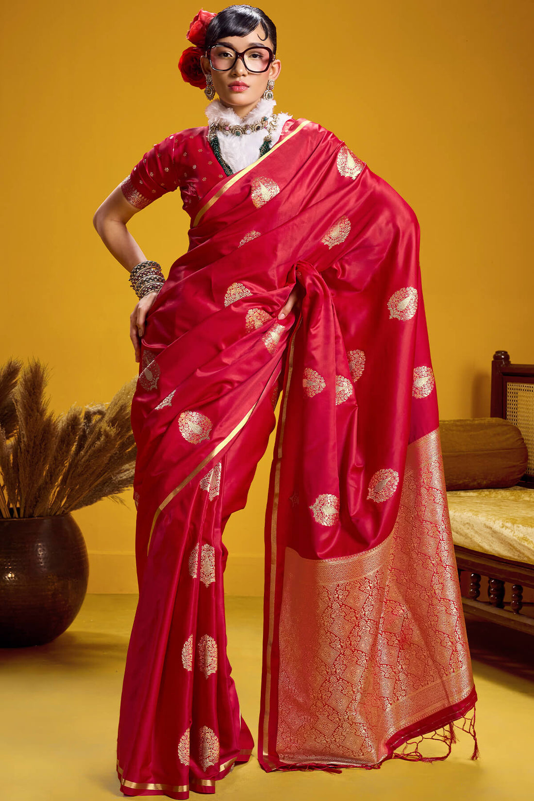 Pulsating Red Banarasi Satin Silk Saree With Adoring Blouse
