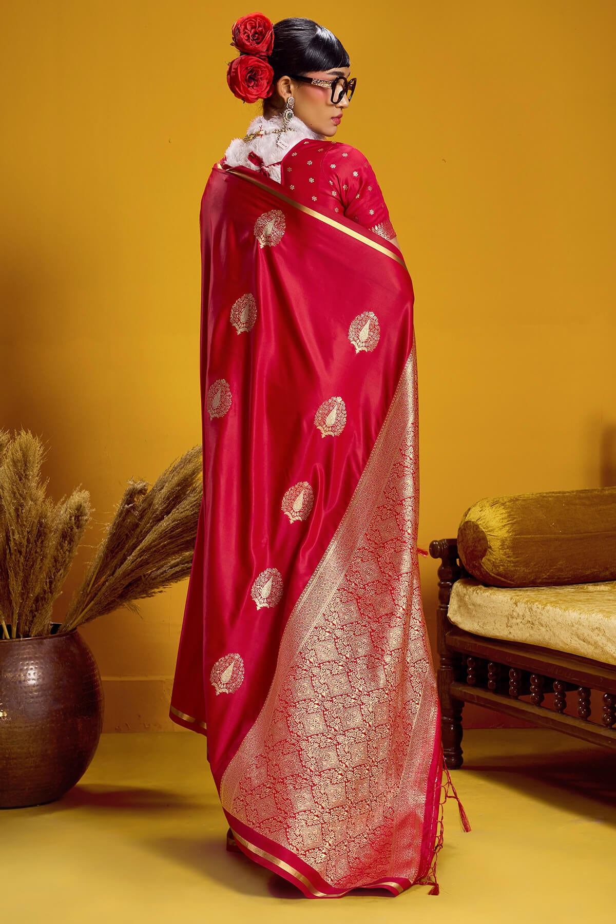 Pulsating Red Banarasi Satin Silk Saree With Adoring Blouse