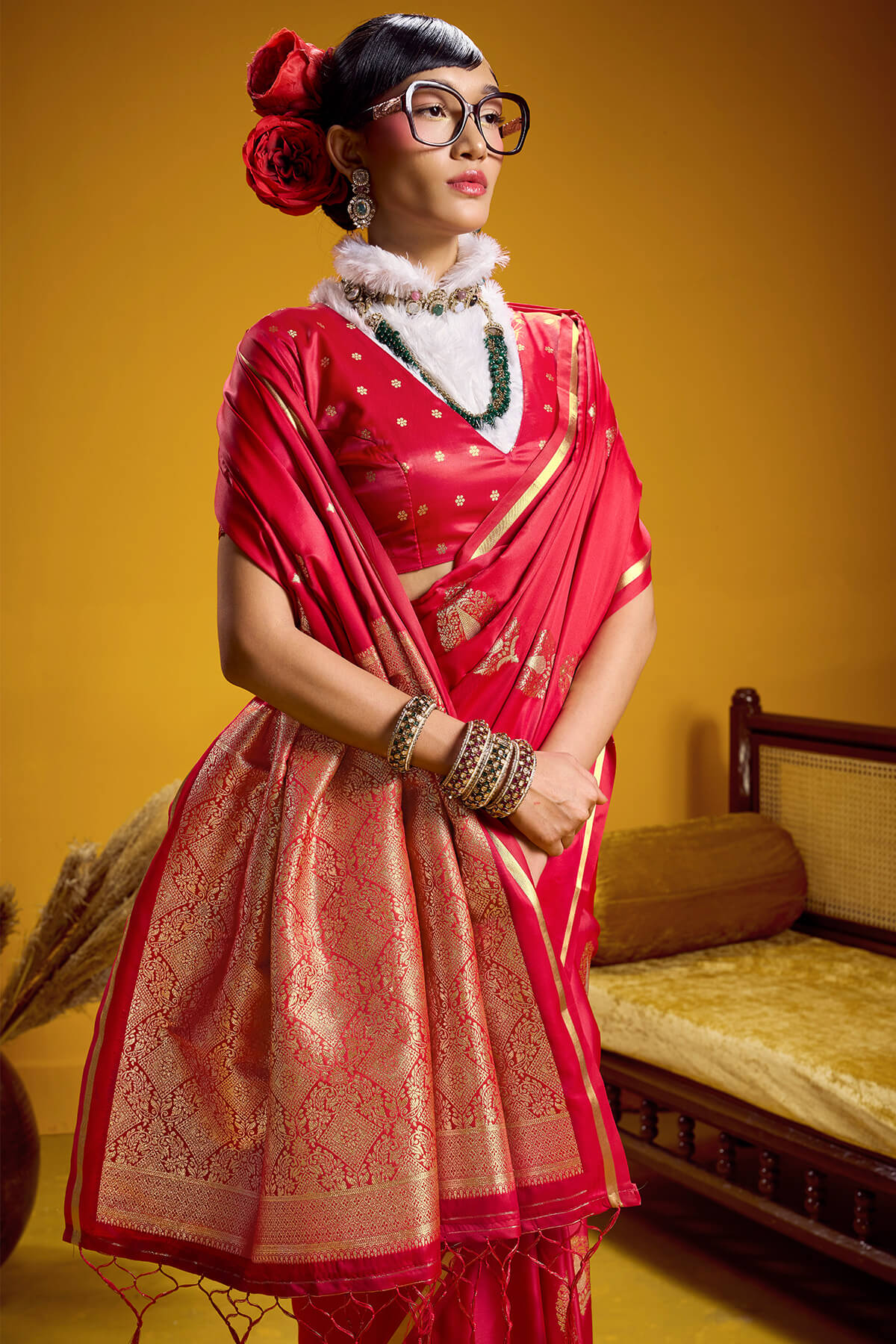 Pulsating Red Banarasi Satin Silk Saree With Adoring Blouse