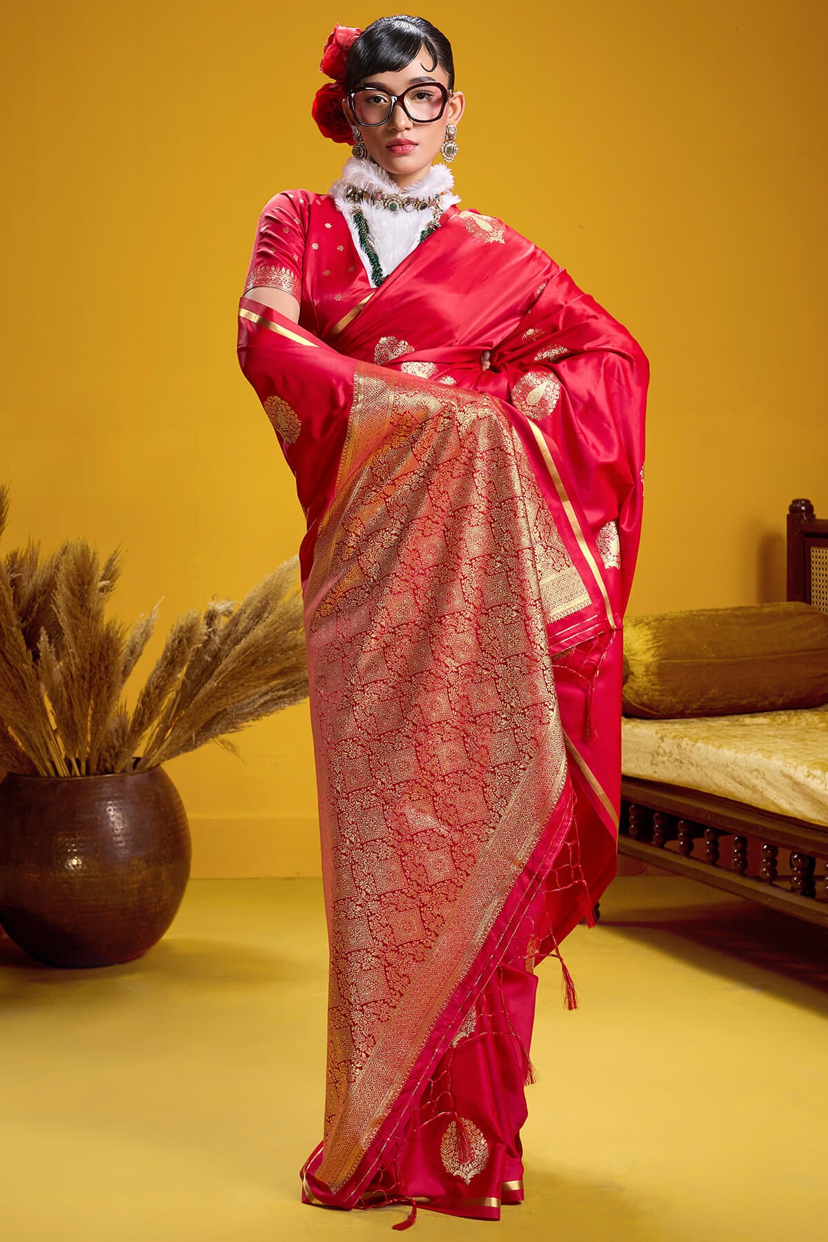 Pulsating Red Banarasi Satin Silk Saree With Adoring Blouse