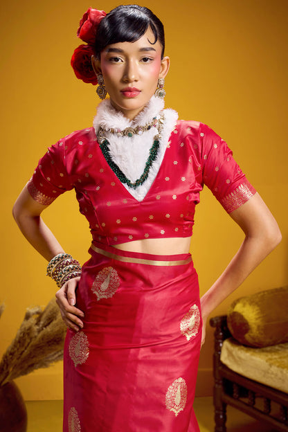 Pulsating Red Banarasi Satin Silk Saree With Adoring Blouse