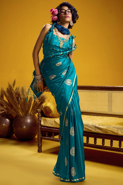 Smashing Rama Banarasi Satin Silk Saree With Effulgent Blouse
