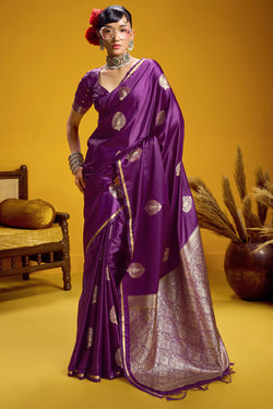 Desuetude Wine Banarasi Satin Silk Saree With Piquant Blouse