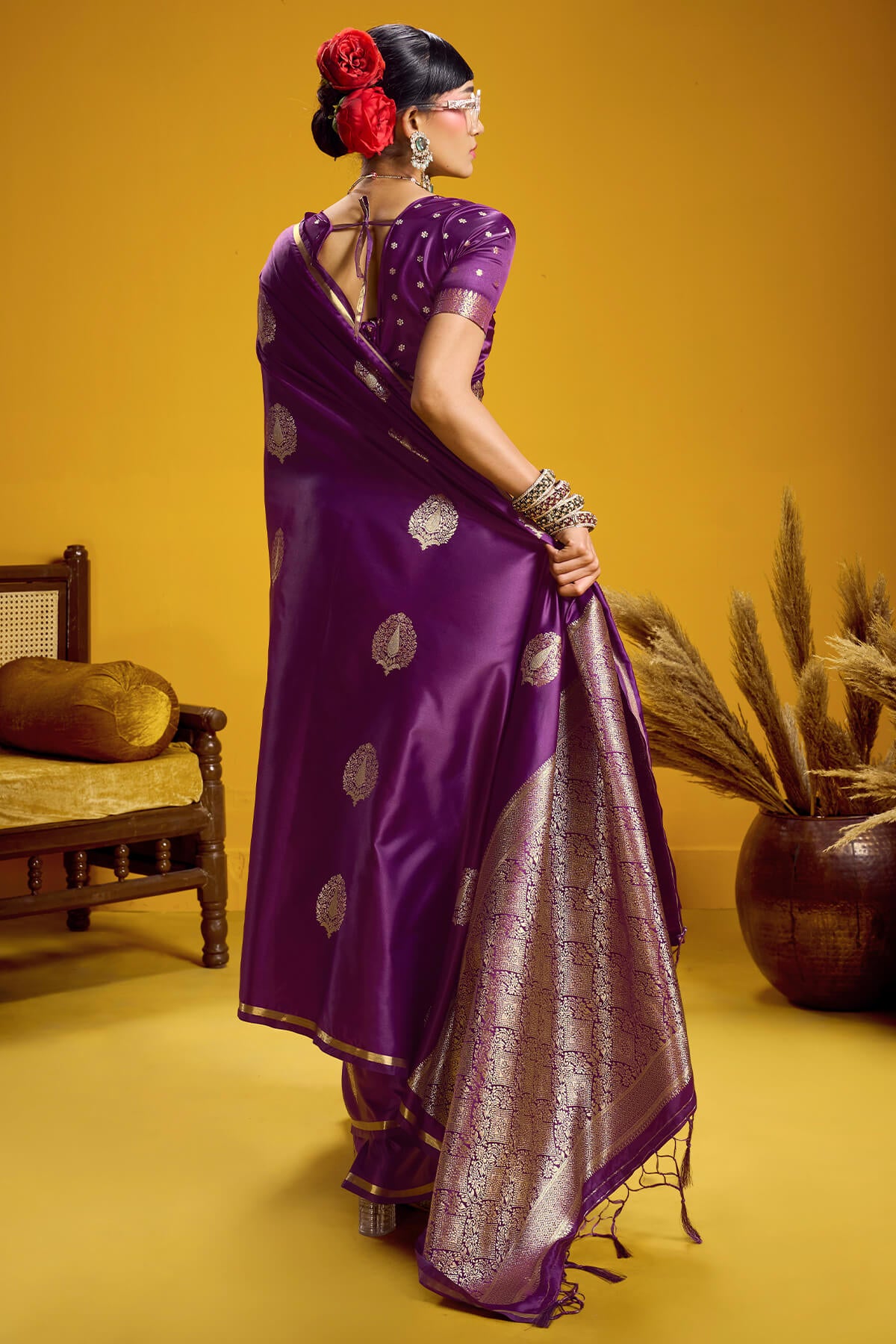 Desuetude Wine Banarasi Satin Silk Saree With Piquant Blouse