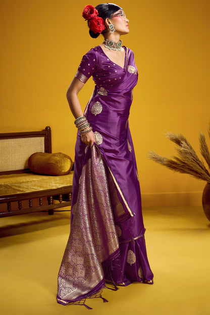 Desuetude Wine Banarasi Satin Silk Saree With Piquant Blouse