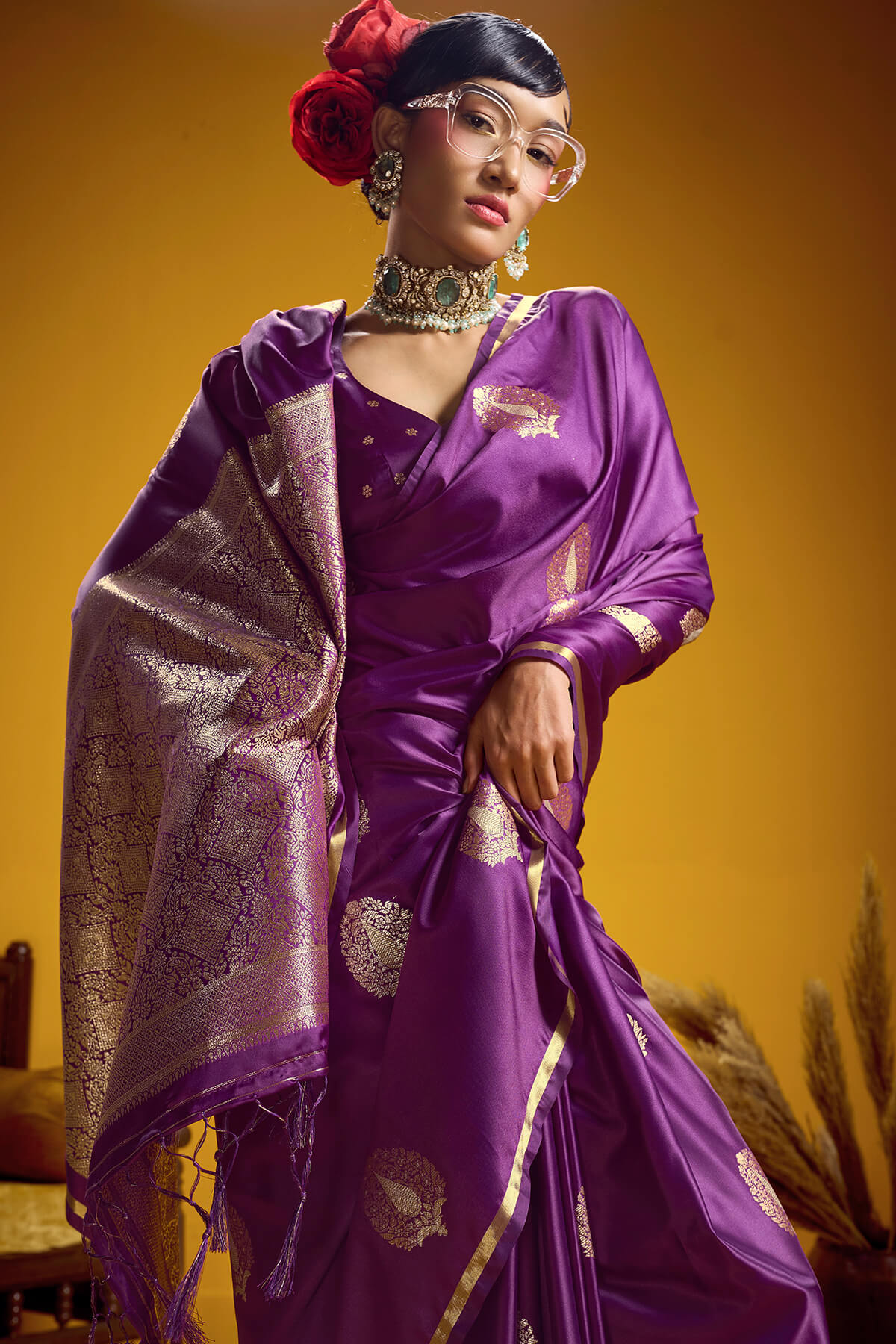 Desuetude Wine Banarasi Satin Silk Saree With Piquant Blouse