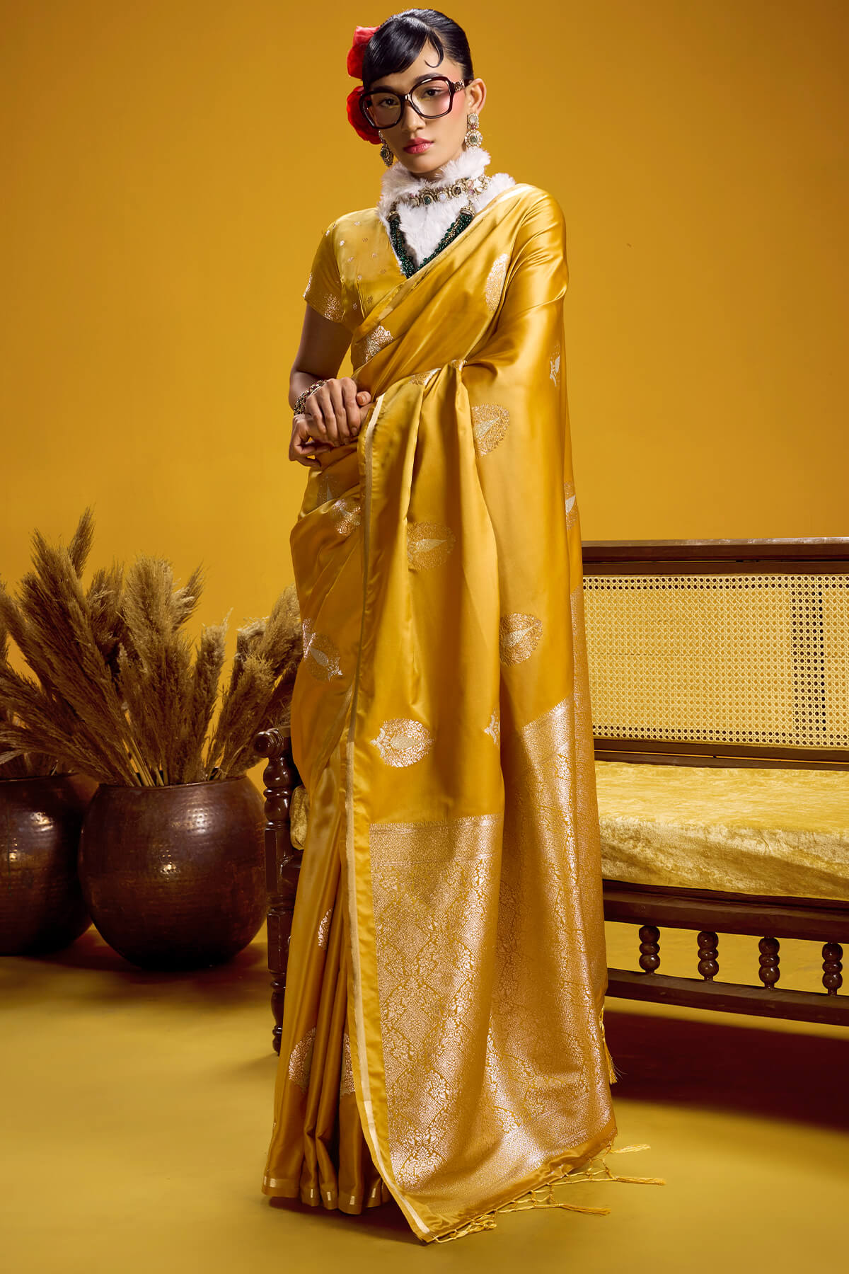 Intricate Mustard Banarasi Satin Silk Saree With Beguiling Blouse