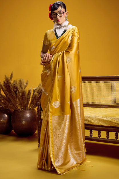 Intricate Mustard Banarasi Satin Silk Saree With Beguiling Blouse