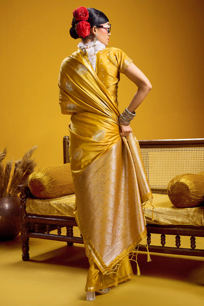 Intricate Mustard Banarasi Satin Silk Saree With Beguiling Blouse