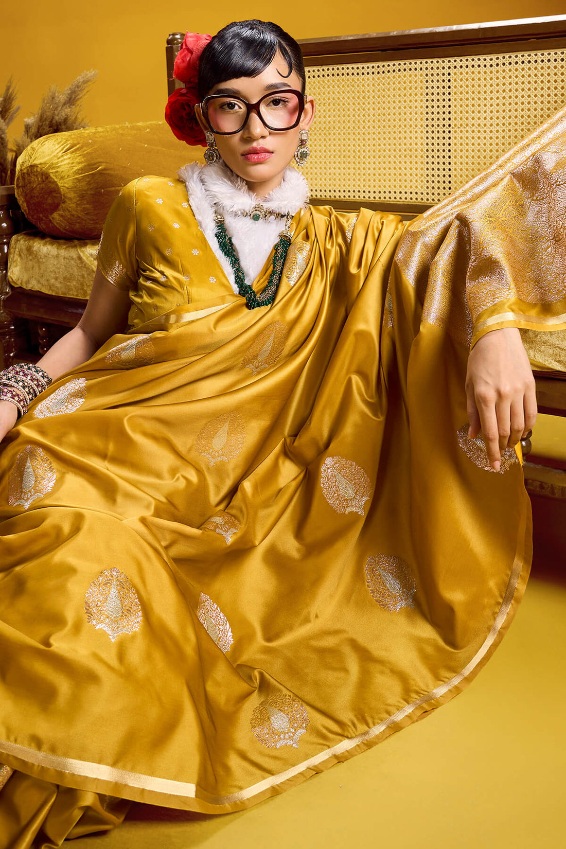 Intricate Mustard Banarasi Satin Silk Saree With Beguiling Blouse