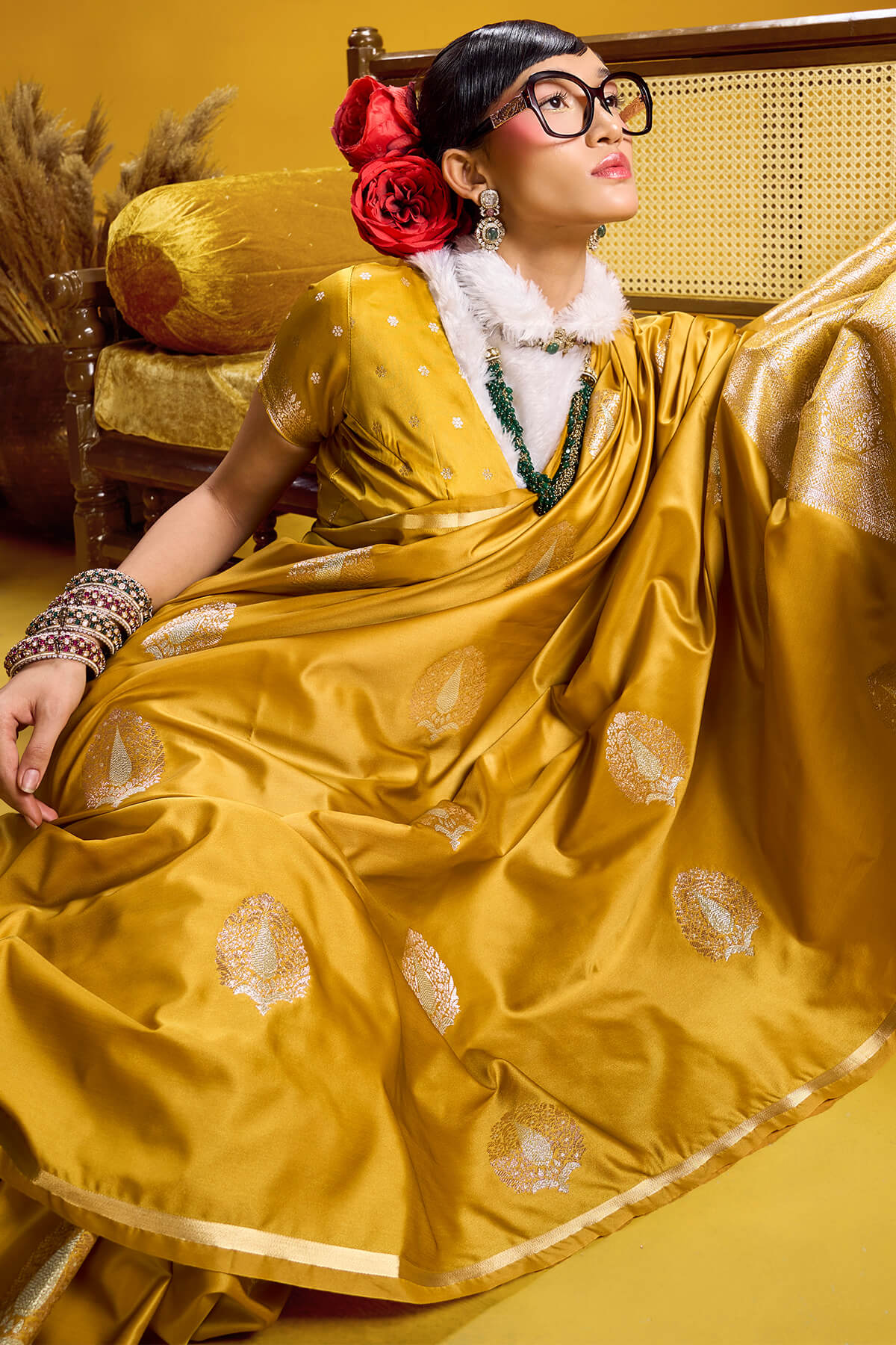 Intricate Mustard Banarasi Satin Silk Saree With Beguiling Blouse