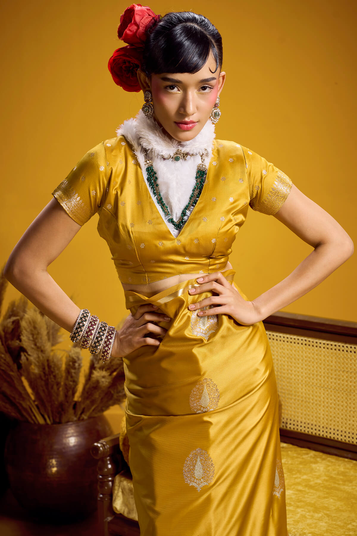 Intricate Mustard Banarasi Satin Silk Saree With Beguiling Blouse