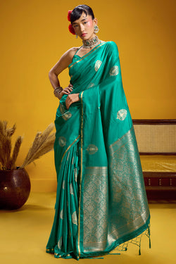 Hypnotic Sea Green Banarasi Satin Silk Saree With Divine Blouse