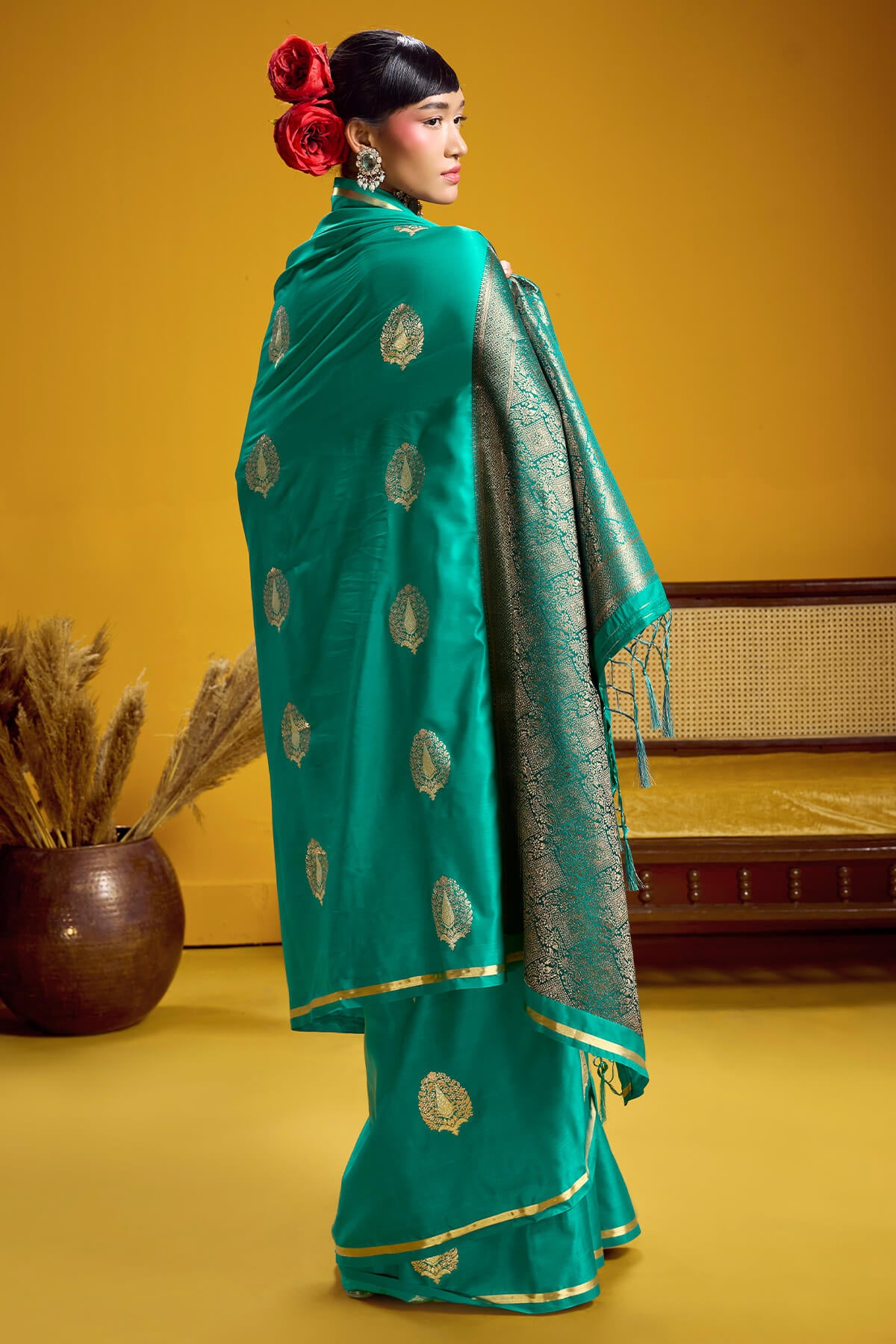 Hypnotic Sea Green Banarasi Satin Silk Saree With Divine Blouse