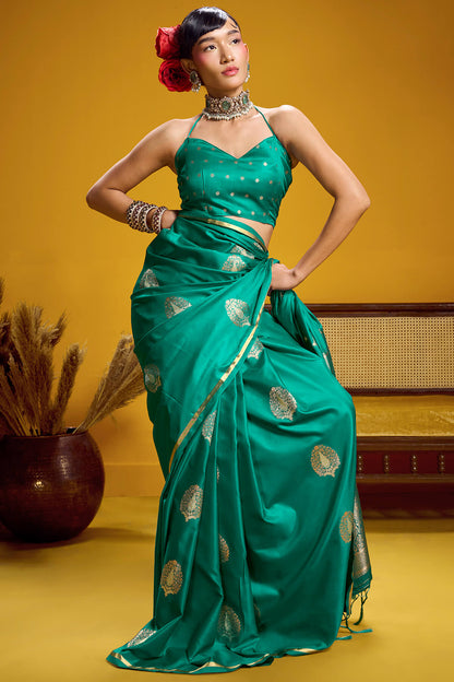 Hypnotic Sea Green Banarasi Satin Silk Saree With Divine Blouse