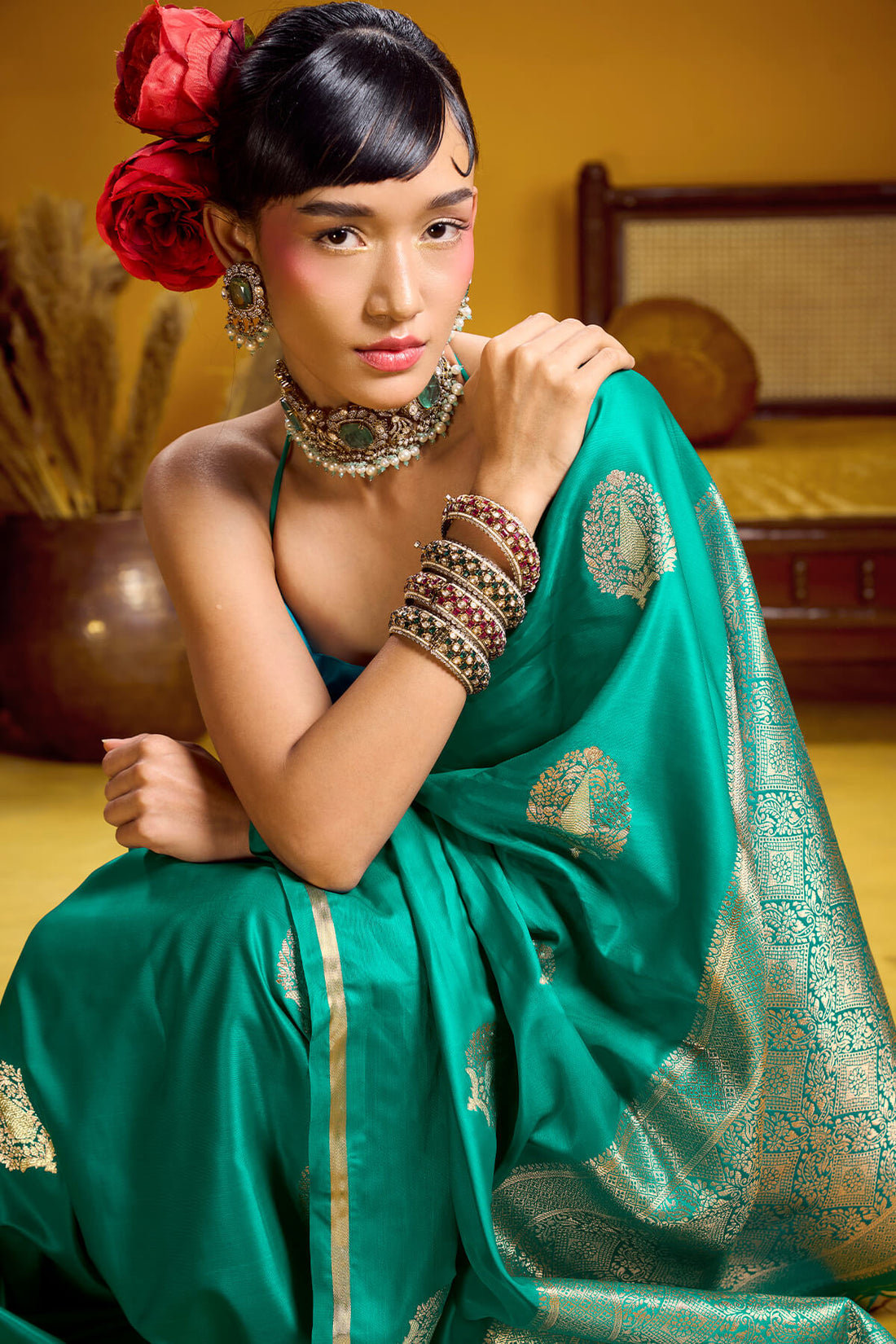 Hypnotic Sea Green Banarasi Satin Silk Saree With Divine Blouse