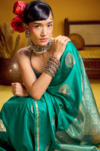 Hypnotic Sea Green Banarasi Satin Silk Saree With Divine Blouse