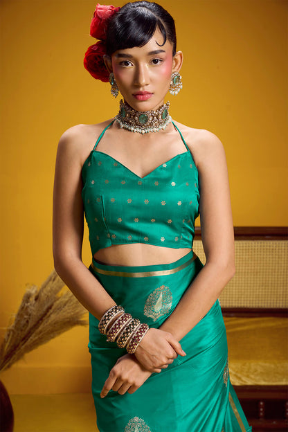 Hypnotic Sea Green Banarasi Satin Silk Saree With Divine Blouse