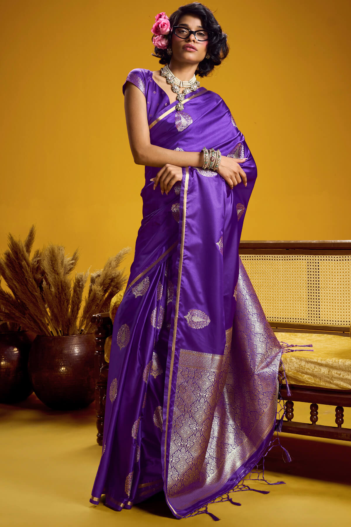 Flamboyant Purple Banarasi Satin Silk Saree With Flaunt Blouse