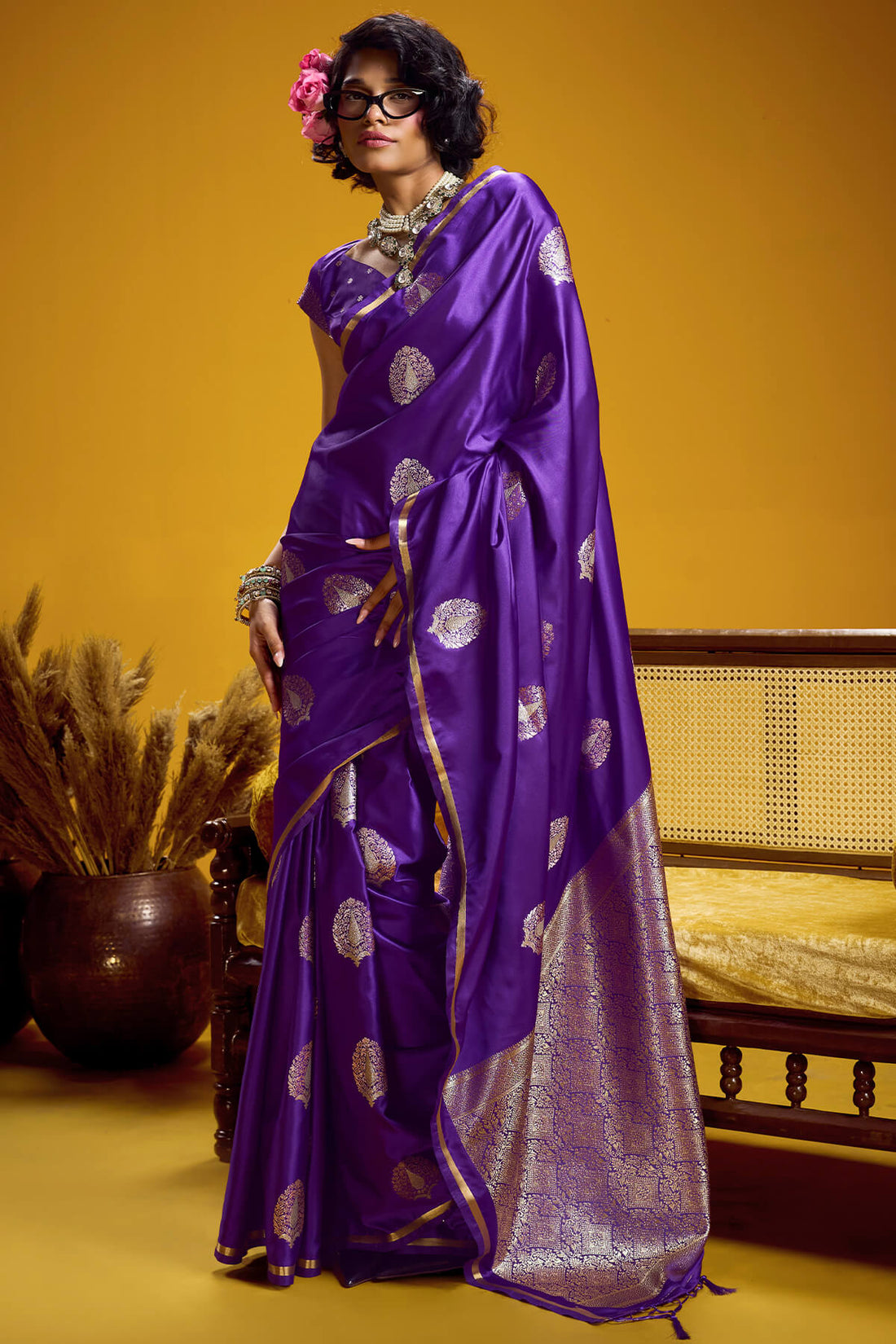 Flamboyant Purple Banarasi Satin Silk Saree With Flaunt Blouse