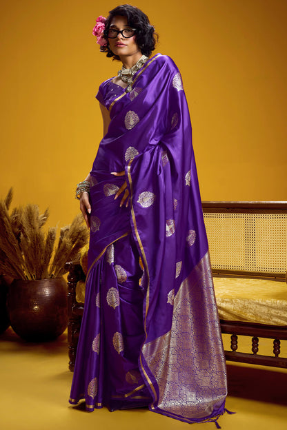 Flamboyant Purple Banarasi Satin Silk Saree With Flaunt Blouse