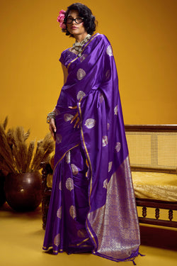 Flamboyant Purple Banarasi Satin Silk Saree With Flaunt Blouse