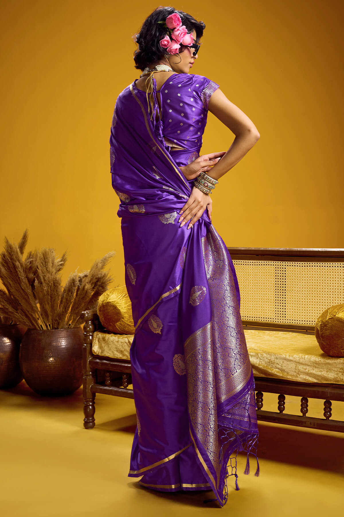 Flamboyant Purple Banarasi Satin Silk Saree With Flaunt Blouse