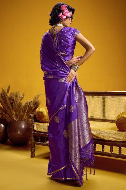 Flamboyant Purple Banarasi Satin Silk Saree With Flaunt Blouse