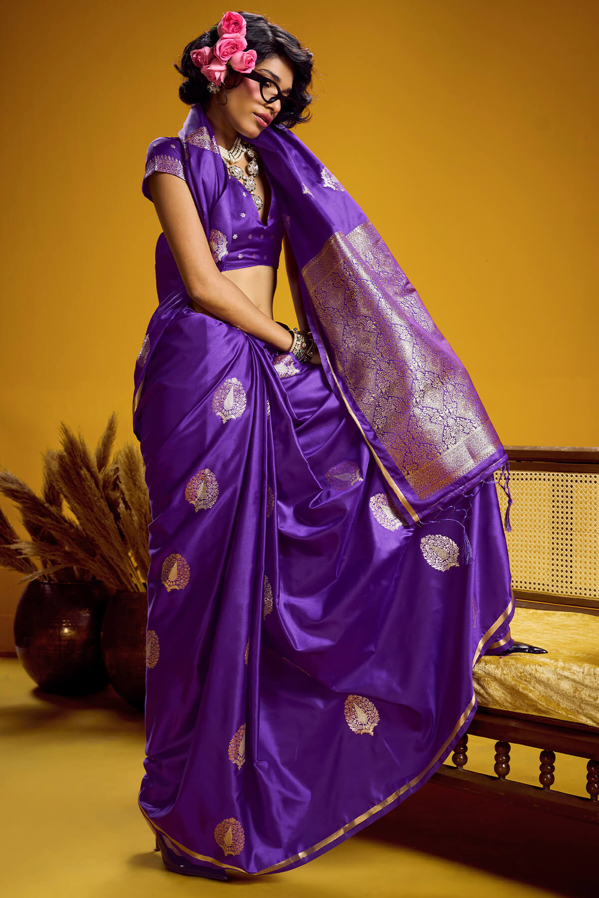 Flamboyant Purple Banarasi Satin Silk Saree With Flaunt Blouse