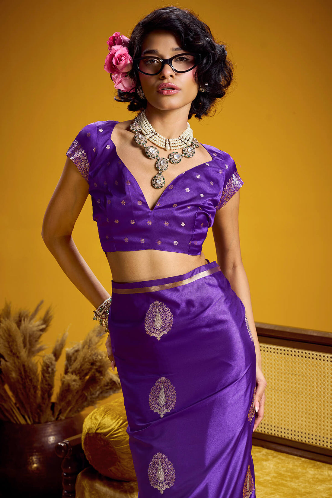 Flamboyant Purple Banarasi Satin Silk Saree With Flaunt Blouse