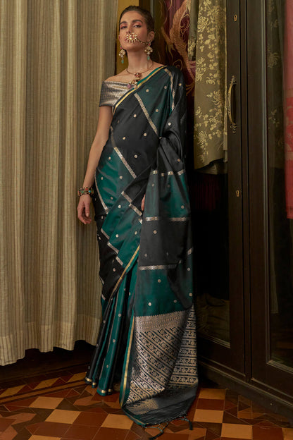 Exemplary Green and Black Banarasi Satin Silk Saree With Amiable Blouse