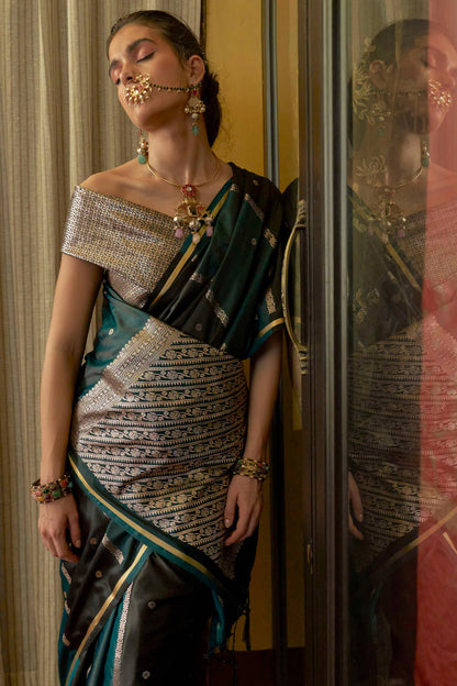 Exemplary Green and Black Banarasi Satin Silk Saree With Amiable Blouse