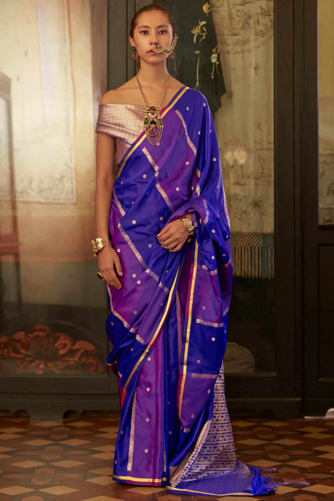 Profuse Blue and Purple Banarasi Satin Silk Saree With Quintessential Blouse