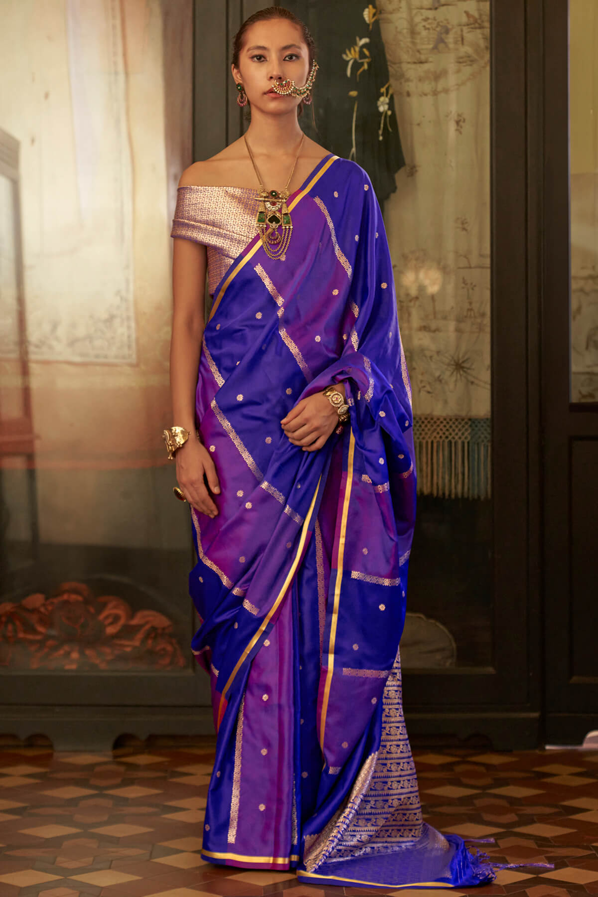 Profuse Blue and Purple Banarasi Satin Silk Saree With Quintessential Blouse