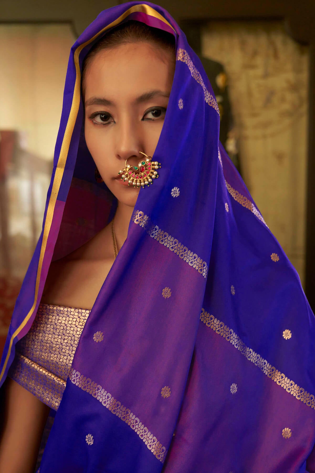Profuse Blue and Purple Banarasi Satin Silk Saree With Quintessential Blouse
