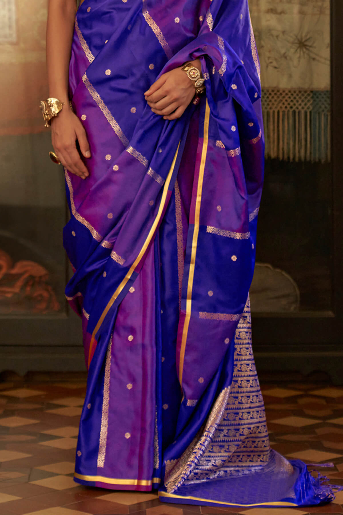 Profuse Blue and Purple Banarasi Satin Silk Saree With Quintessential Blouse