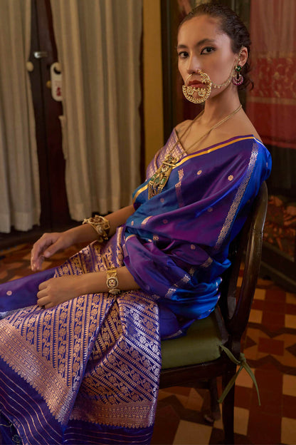 Panoply Blue and Wine Banarasi Satin Silk Saree With Vestigial Blouse