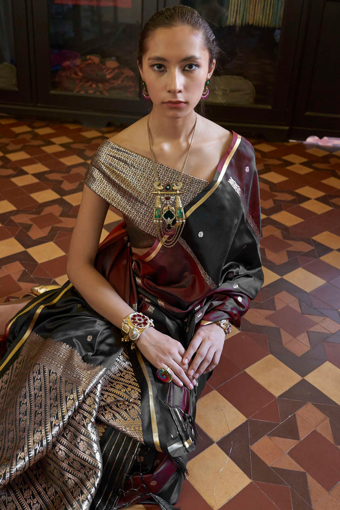 Alluring Black and Maroon Banarasi Satin Silk Saree With Desirable Blouse