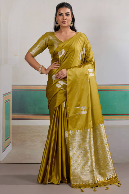 Efflorescence Mustard Banarasi Satin Silk Saree With Comely Blouse