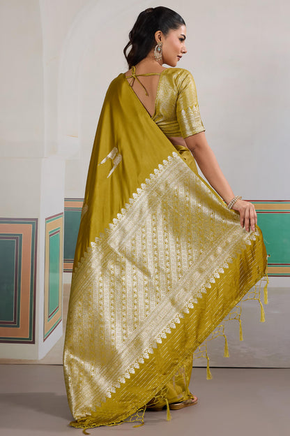 Efflorescence Mustard Banarasi Satin Silk Saree With Comely Blouse