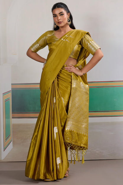 Efflorescence Mustard Banarasi Satin Silk Saree With Comely Blouse
