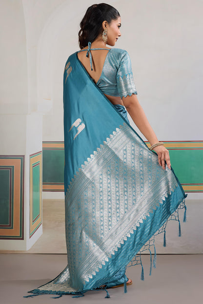 Effulgent Firozi Banarasi Satin Silk Saree With Enamoring Blouse