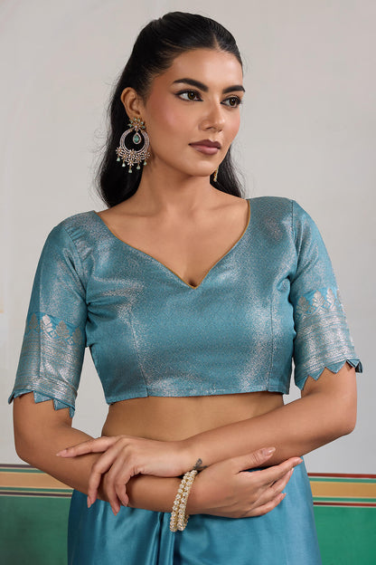 Effulgent Firozi Banarasi Satin Silk Saree With Enamoring Blouse