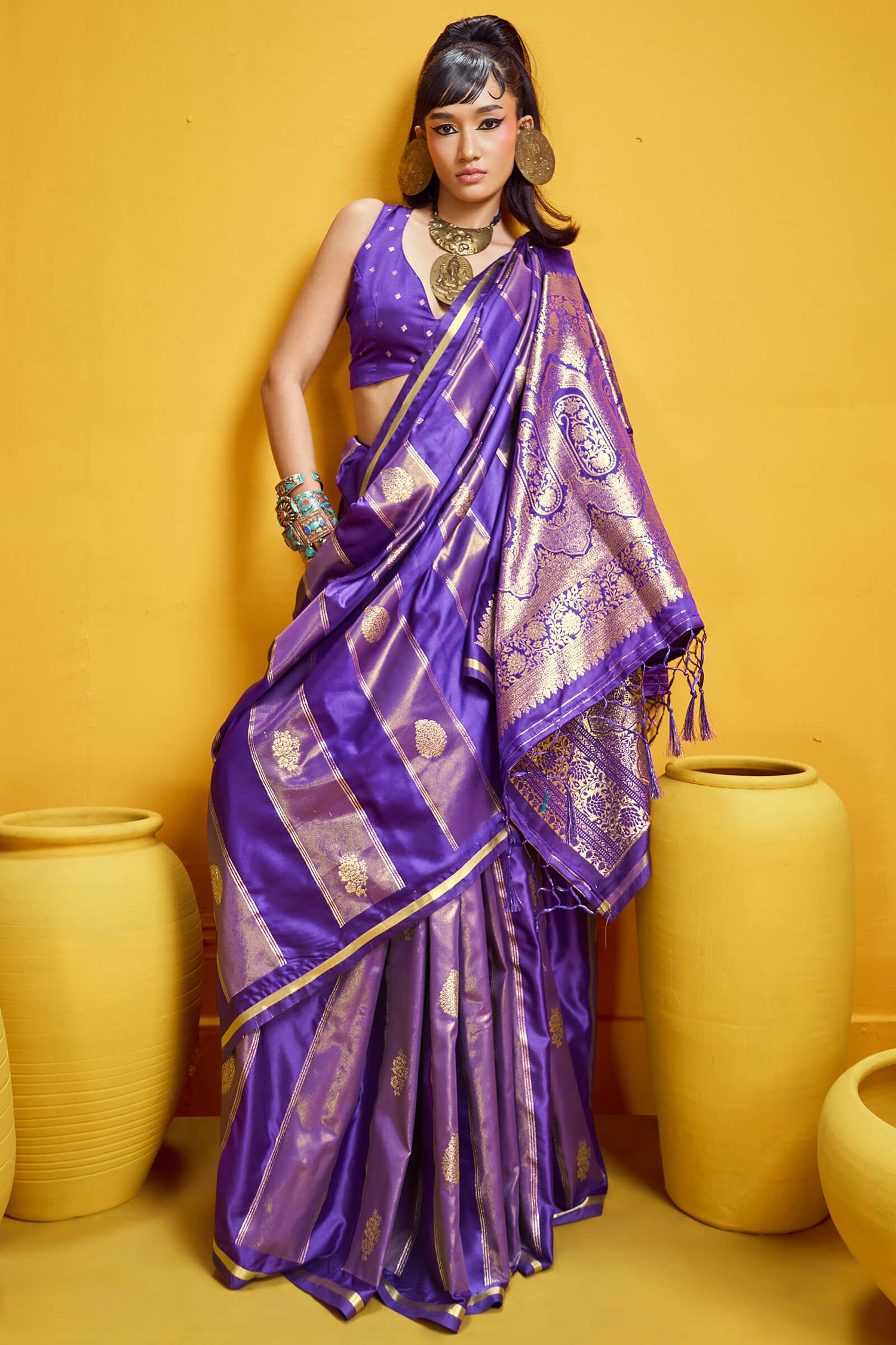 Ephemeral Purple Banarasi Satin Silk Saree With Entrancing Blouse