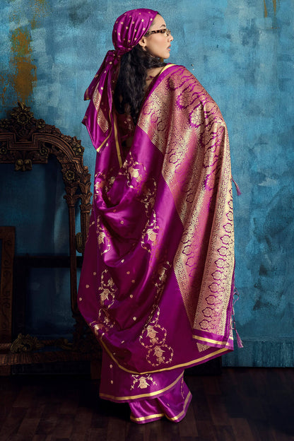 Beauteous Magenta Banarasi Satin Silk Saree With Evocative Blouse