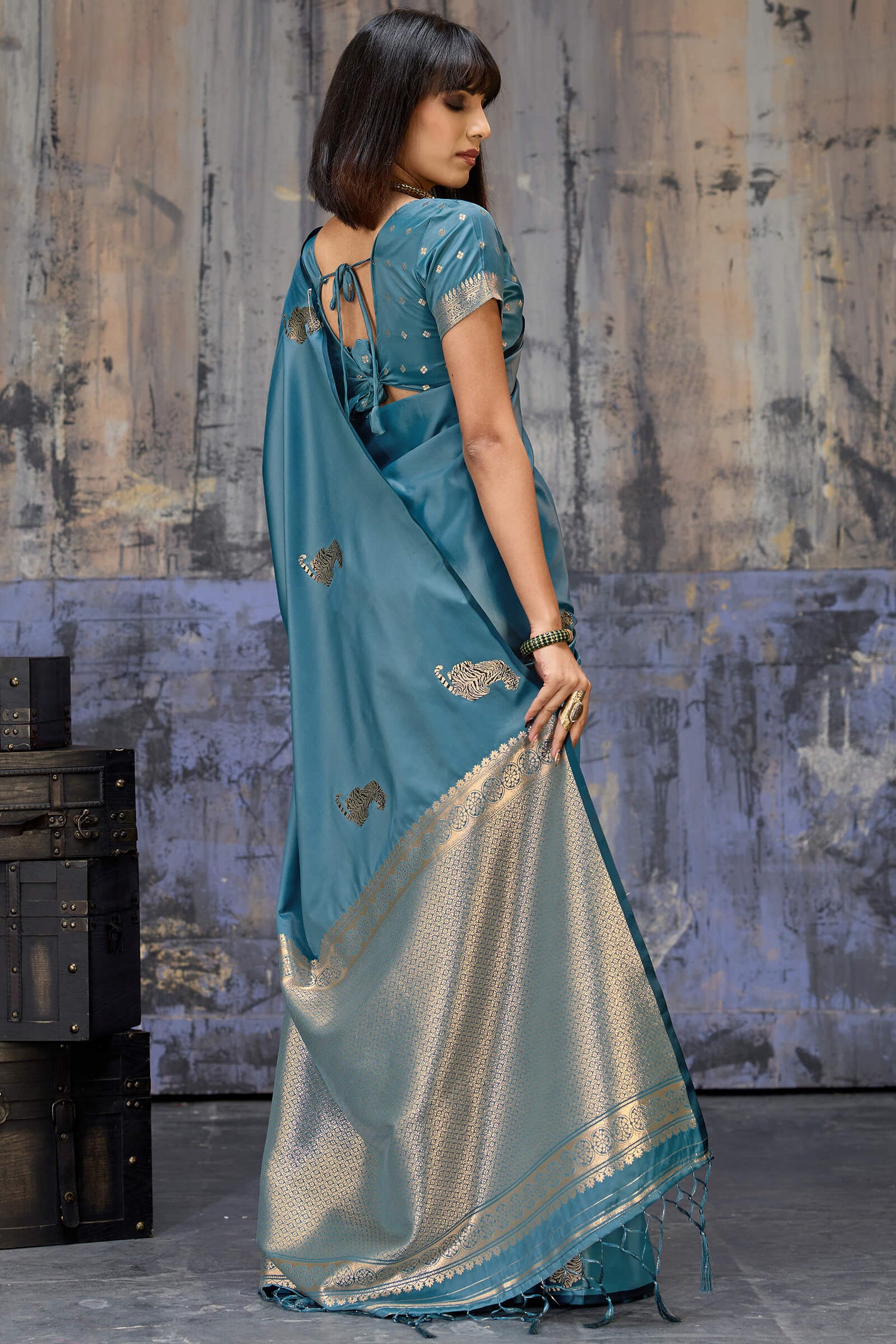 Invaluable Blue Banarasi Satin Silk Saree With Jazzy Blouse
