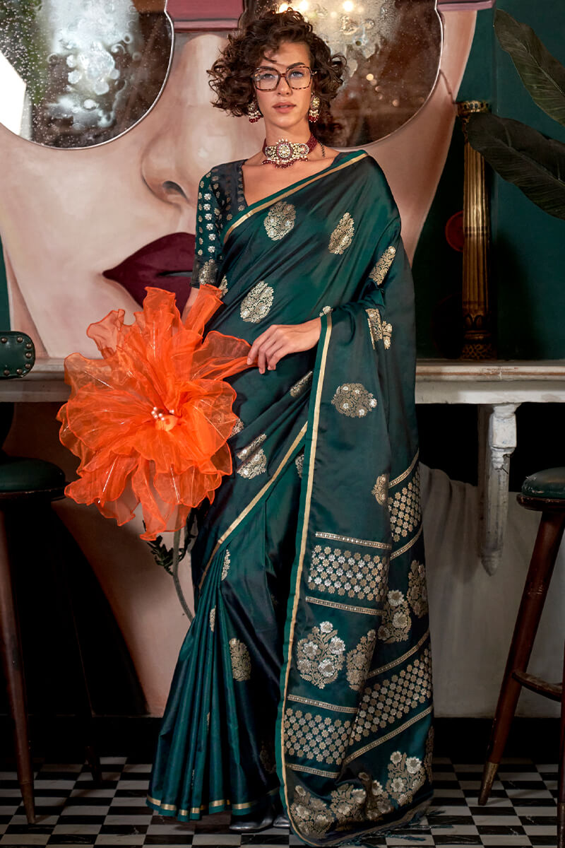 Stunning Dark Green Banarasi Satin Silk Saree With Precious Blouse