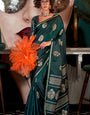 Stunning Dark Green Banarasi Satin Silk Saree With Precious Blouse