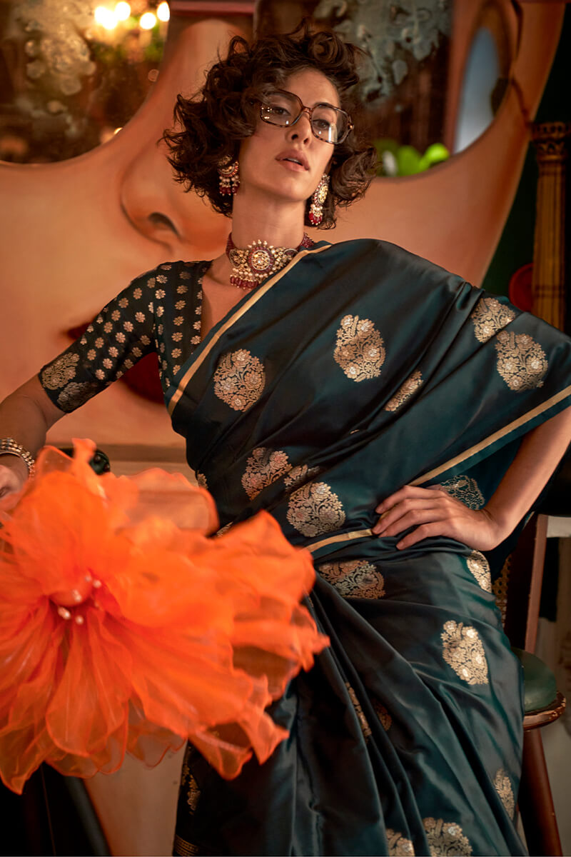 Stunning Dark Green Banarasi Satin Silk Saree With Precious Blouse